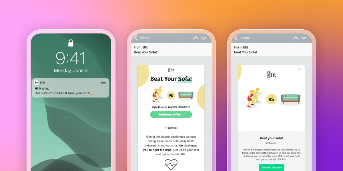 Three iPhone screens display 8fit app notifications and emails, promoting a "Beat Your Sofa!" fitness challenge and a 50% off offer.