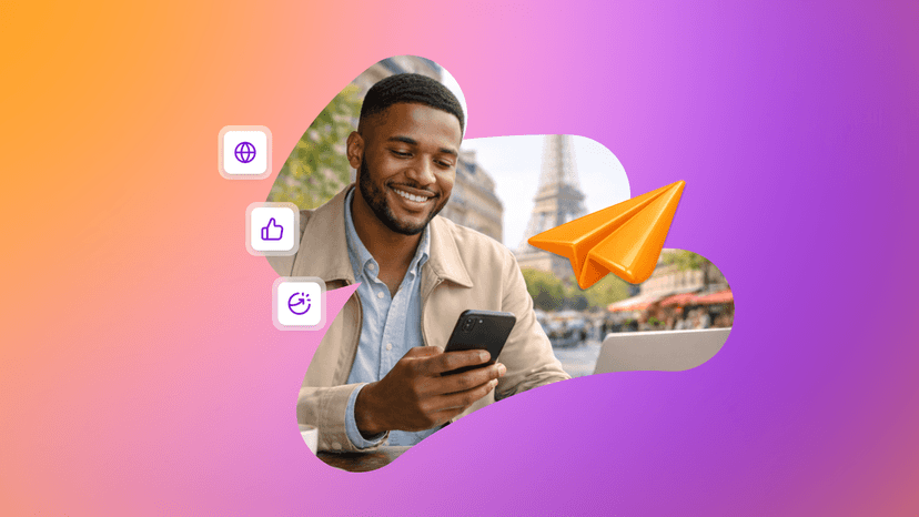 Smiling man uses phone and laptop with Eiffel Tower in background, surrounded by icons representing social media and messaging.