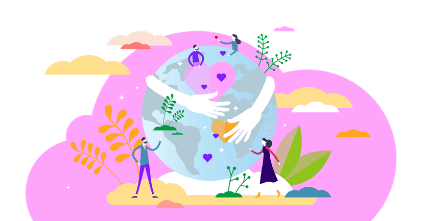 a cartoon illustration of people hugging the earth