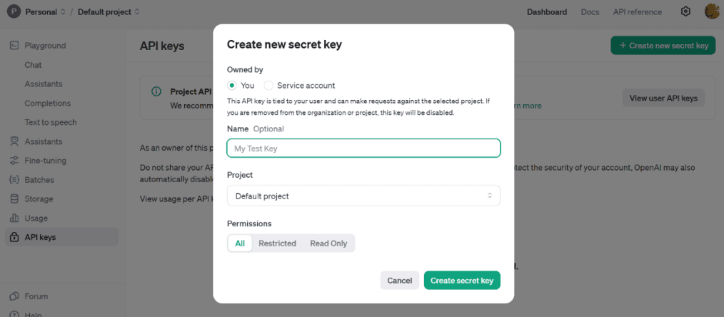 a screenshot of a screen that says create new secret key
