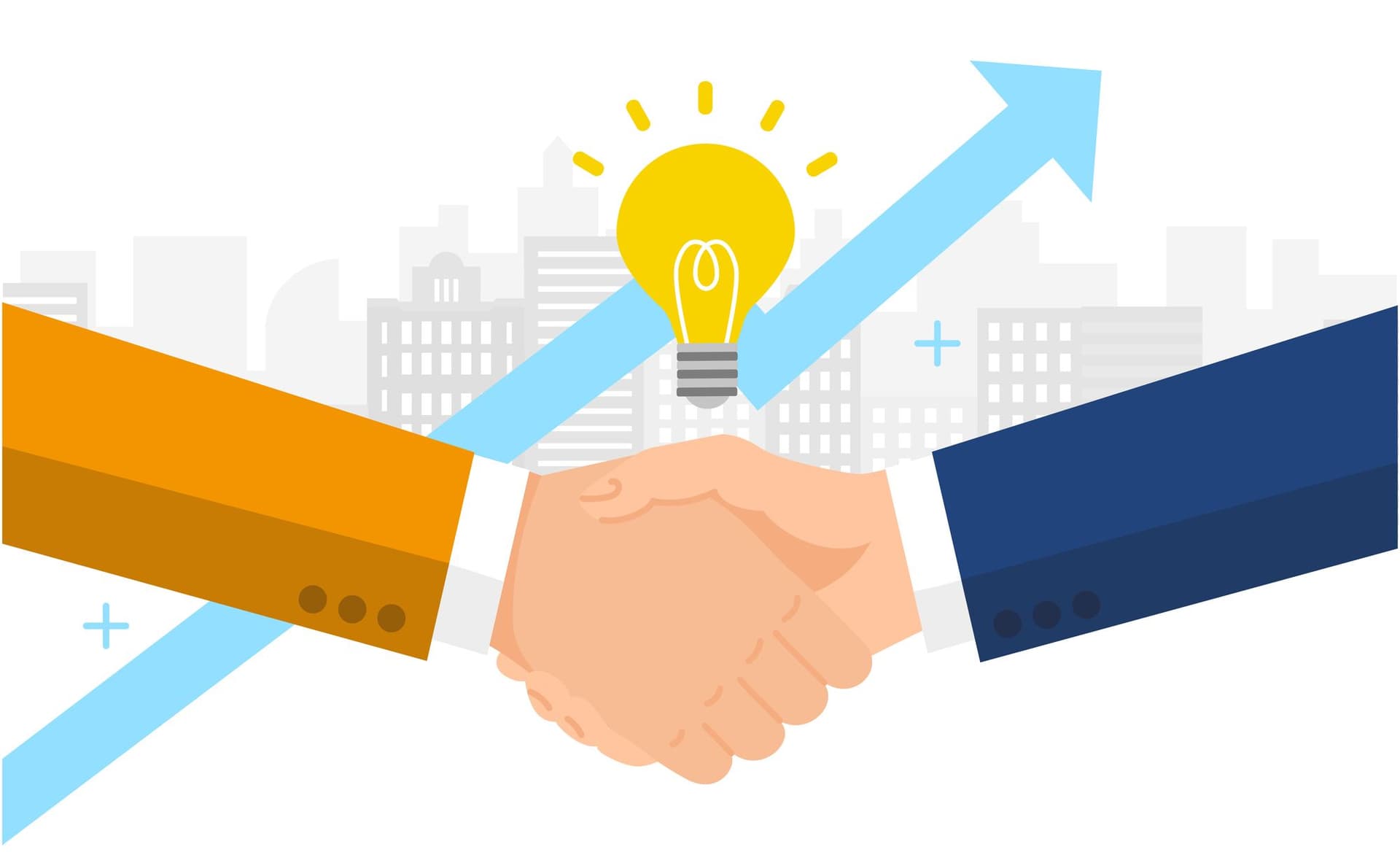 two businessmen are shaking hands with a light bulb in the background .