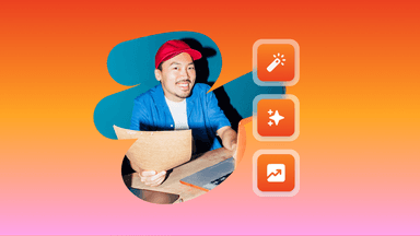 A smiling man in a red cap at a desk with a laptop, alongside icons representing magic, sparkles, and growth, set against an orange and pink gradient.