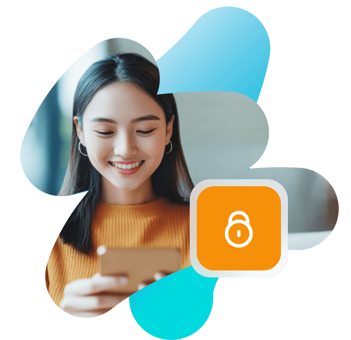 a woman is smiling while looking at her phone