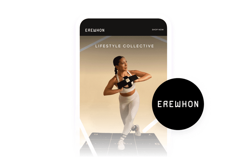 A mobile phone displays the Erewhon Lifestyle Collective app featuring a woman exercising, partially overlaid by a circular Erewhon logo.