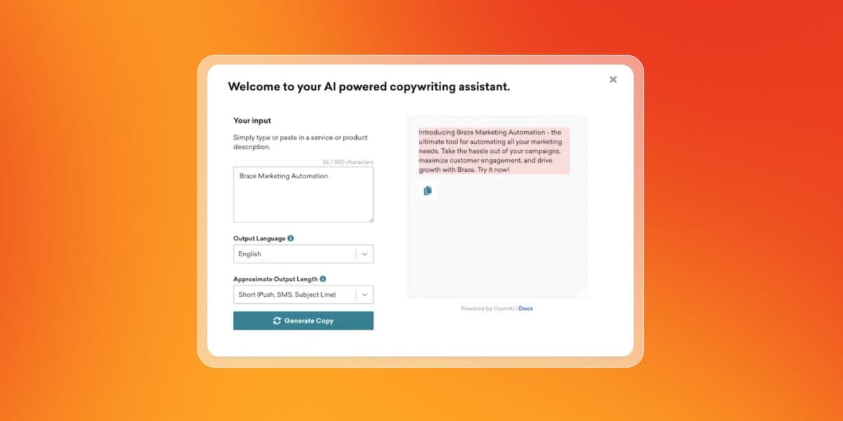A screenshot of an AI copywriting tool with "Braze Marketing Automation" entered as input and generated short marketing copy displayed.