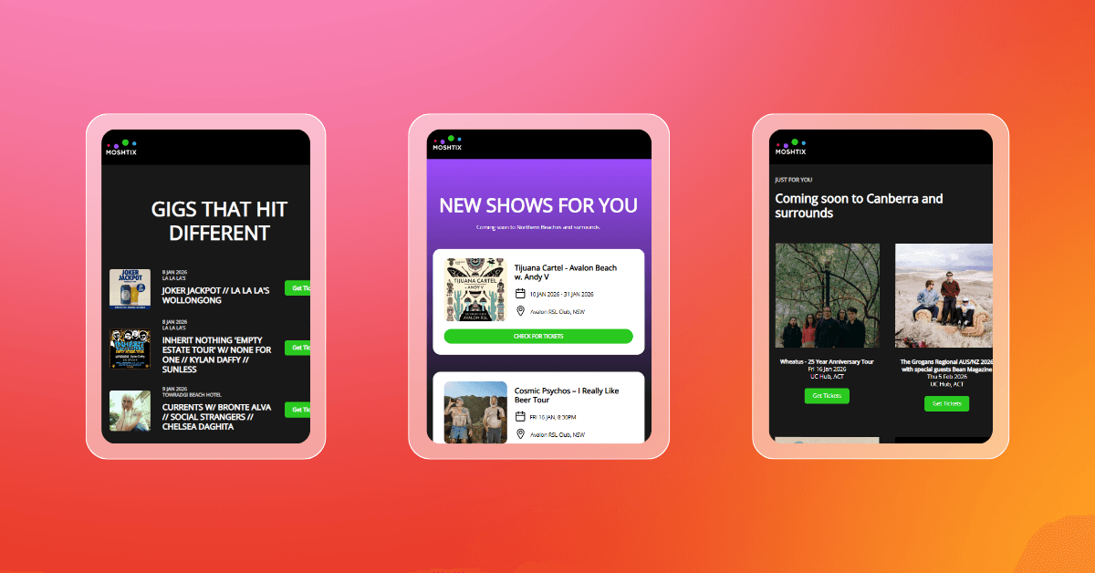 Three mobile phones displaying a music event app.