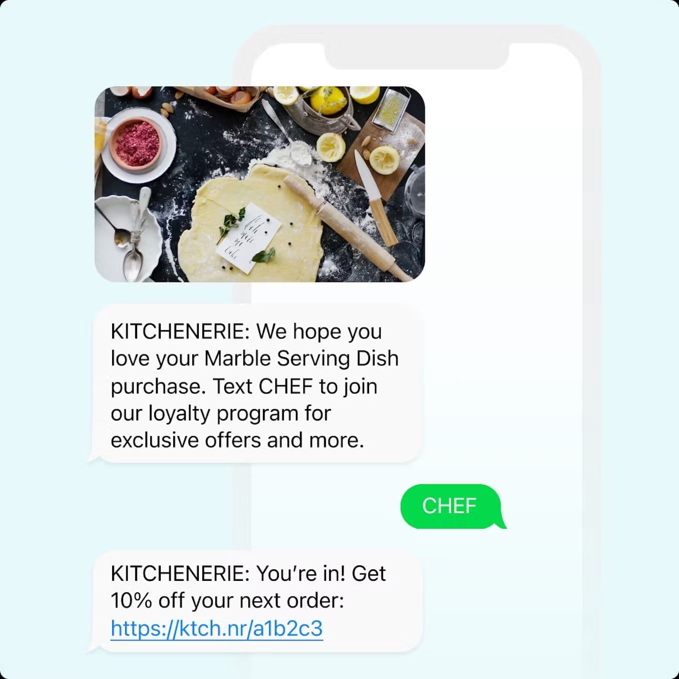 a text message from a chef to a customer asking them to join their loyalty program for exclusive offers and more .