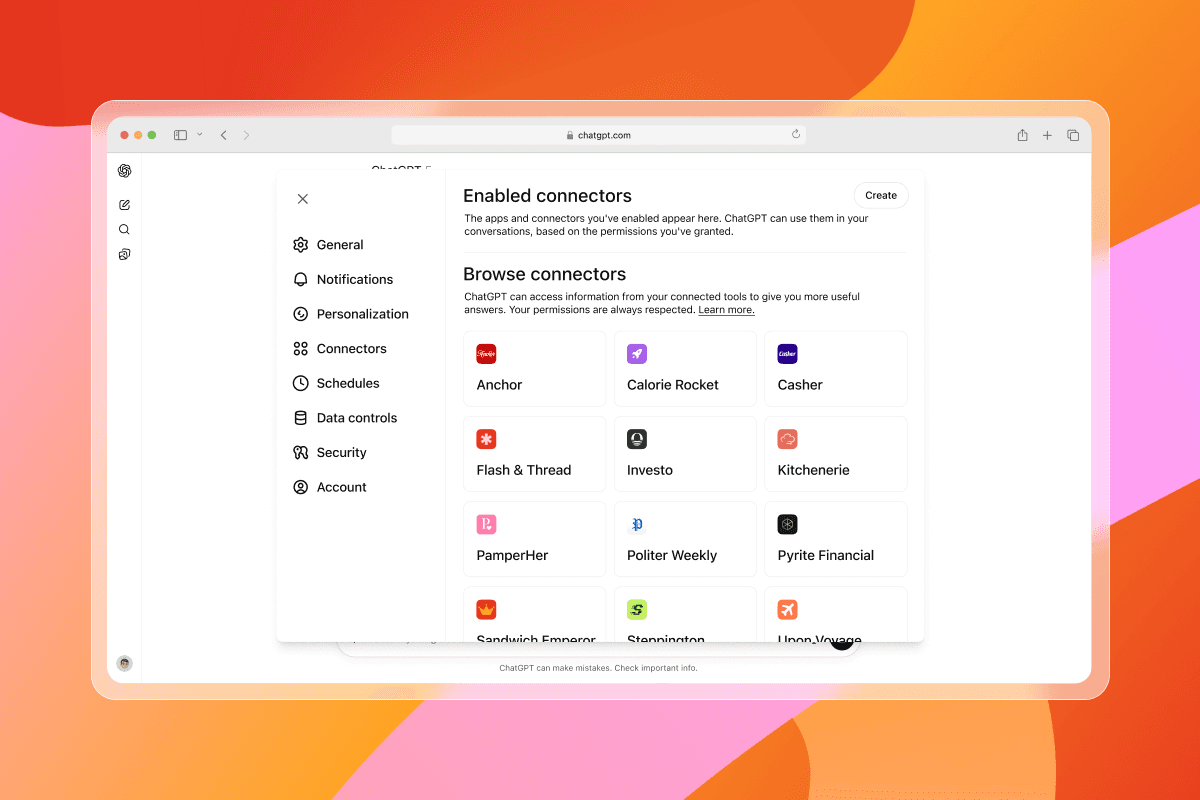 A screenshot of the ChatGPT "Connectors" settings page in a browser, listing various third-party application integrations.
