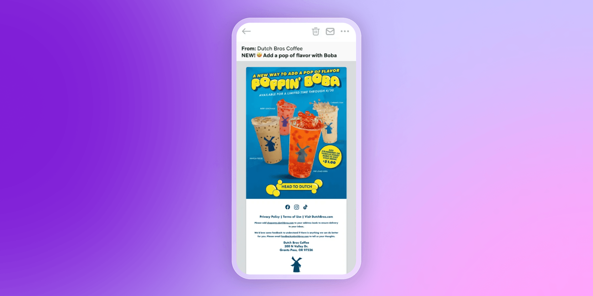 a phone is displaying an email from dutch bros coffee .