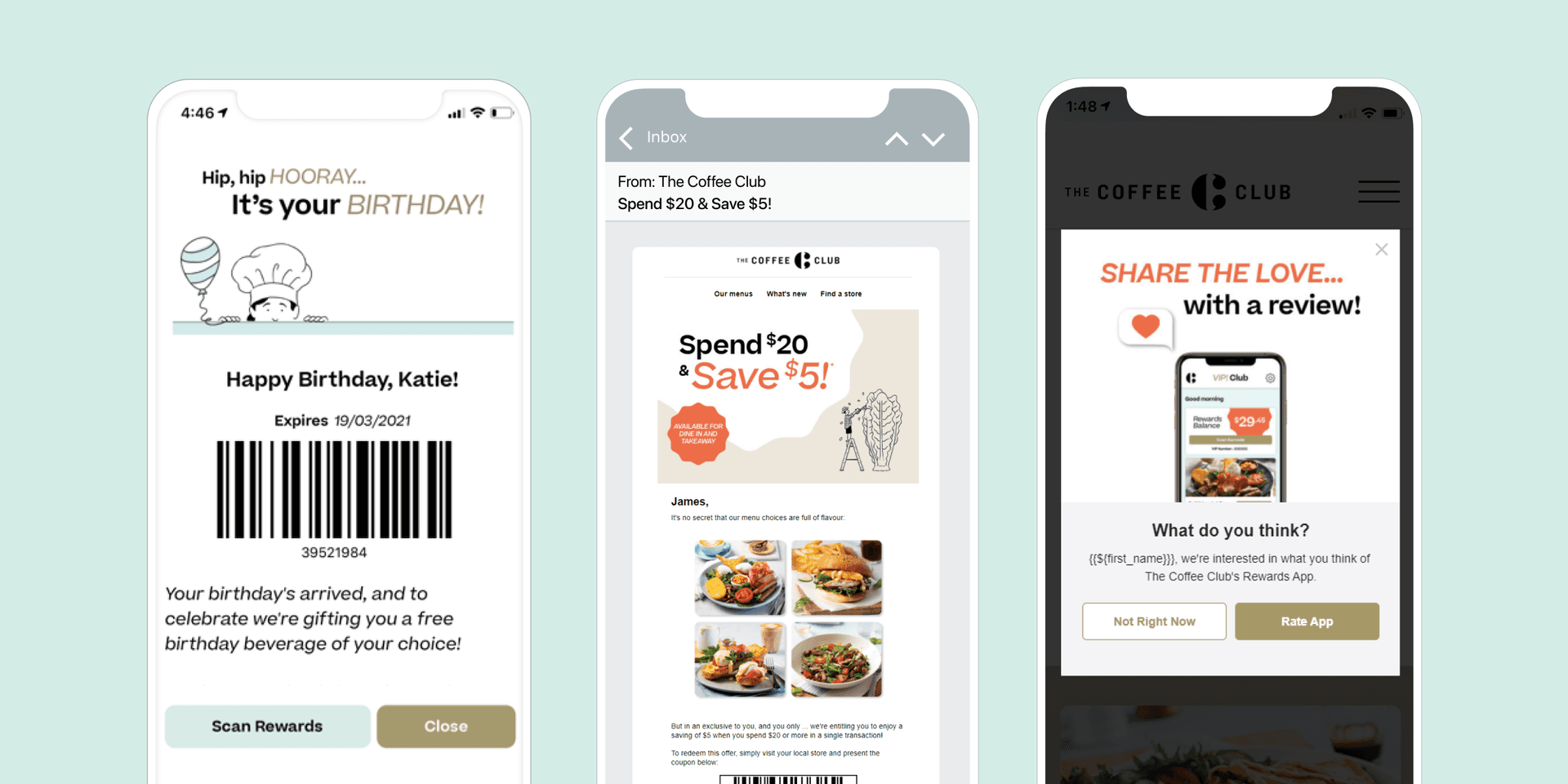 Three phone screens showing The Coffee Club app