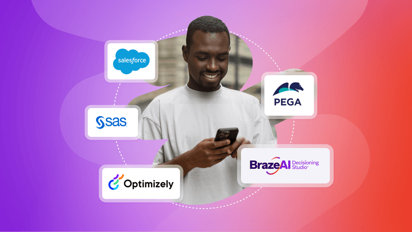 Man on phone surrounded by logos for Salesforce, SAS, Optimizely, PEGA, and BrazeAI Decisioning Studio.