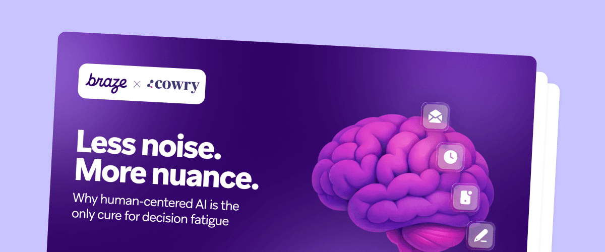 A purple page from Braze x Cowry titled "Less noise. More nuance.", featuring a brain with message, clock, document, and pen icons.