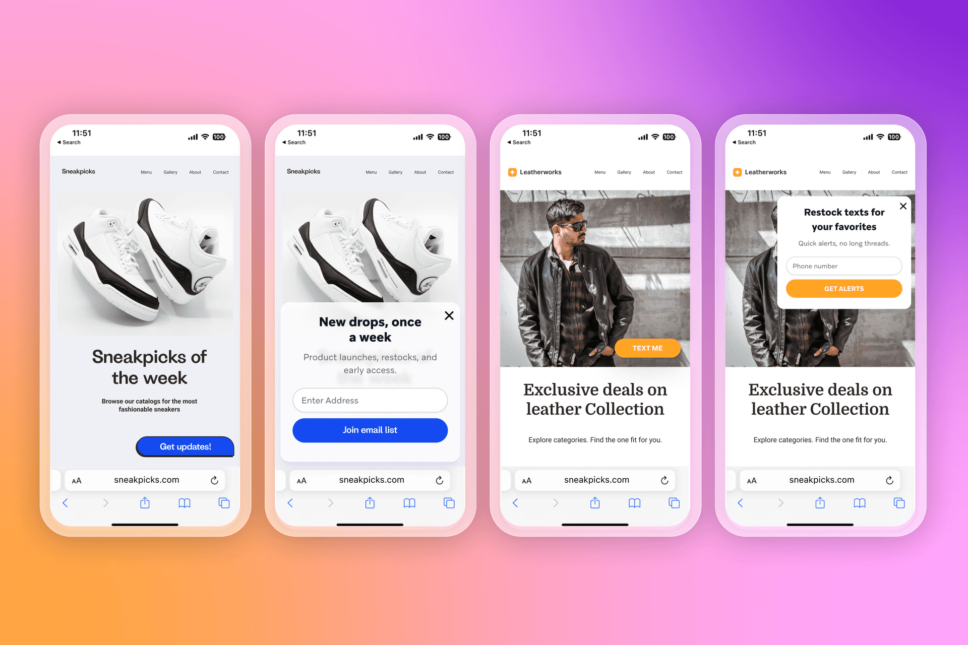 Four mobile phones displaying different website pop-ups for email subscriptions and text message alerts.
