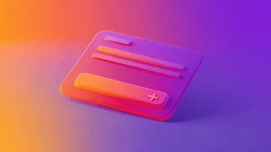 3D card icon with text fields and a plus sign, featuring an orange to purple gradient.