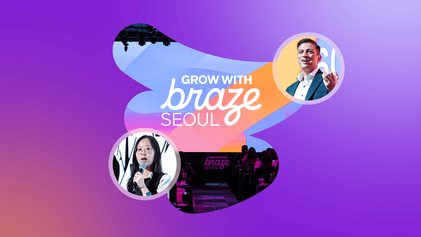 Promotional graphic for 'Grow with Braze Seoul' event, featuring two speakers and an audience.
