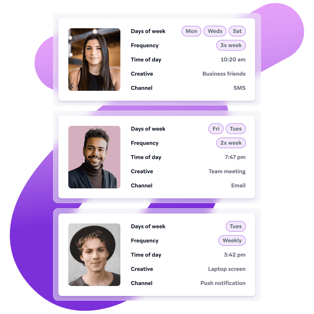 a man and a woman are shown on a purple background