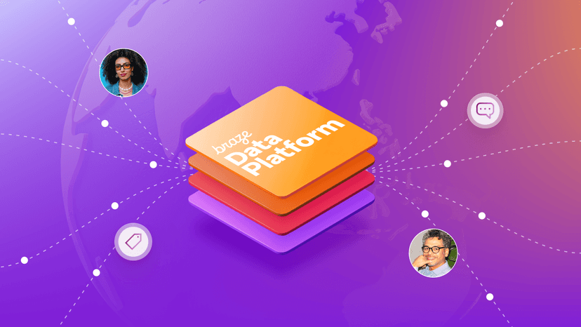 Braze Data Platform, depicted as a colorful stack of layers, connecting via dotted lines to two user profiles, a price tag, and a chat bubble icon, on a globe-patterned gradient background.