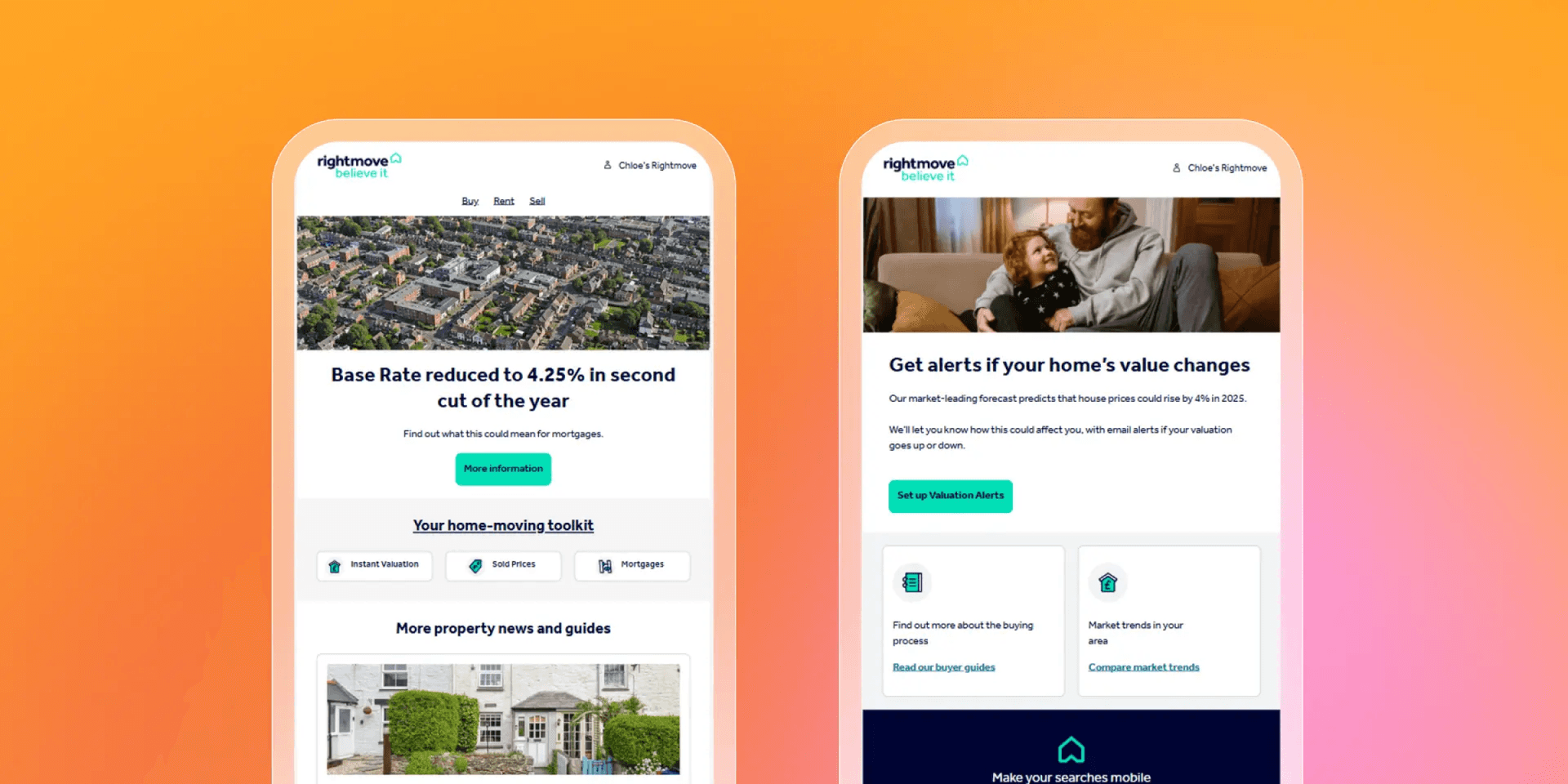 Two smartphones displaying Rightmove property news and alerts on an orange and pink gradient background.