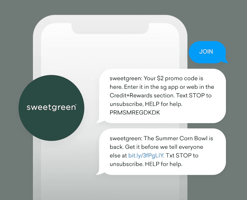 a phone with a message from sweetgreen on it