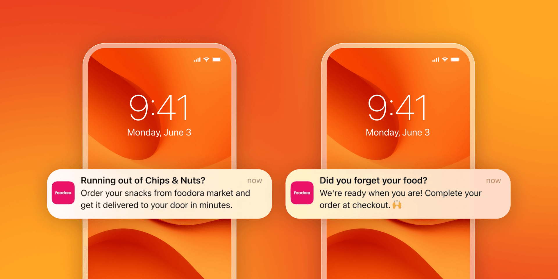 Two smartphones display Foodora app notifications, one for ordering snacks and another for completing an order.