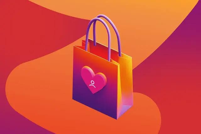 Sacola de compras renderizada em 3D, com degradê de roxo para laranja, e um ícone de coração rosa com uma pessoa dentro.
