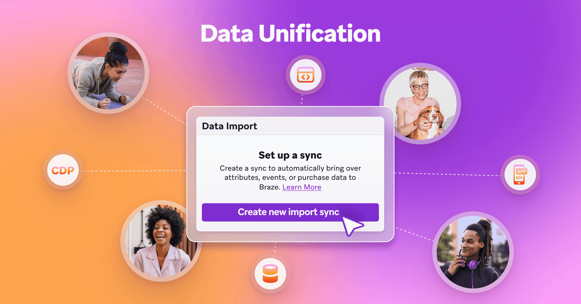 a purple background with a purple button that says create new import sync