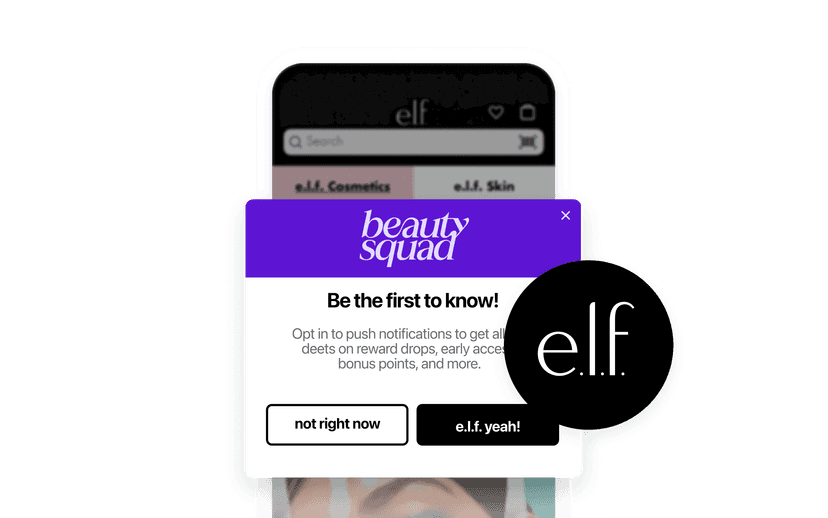 e.l.f. Cosmeticsアプリの画面に、「ビューティースクワッド」のポップアップが表示され、プッシュ通知のオプトインを促しています。
