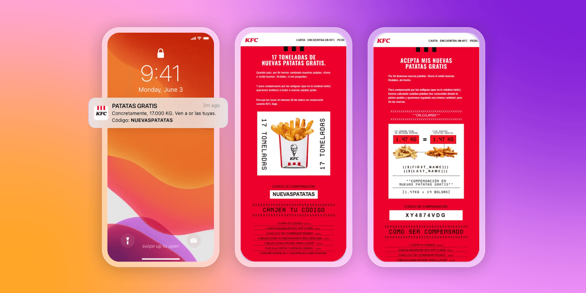 A smartphone displays a KFC notification for free fries, alongside two screens showing a promotional email and a redemption page for the offer.