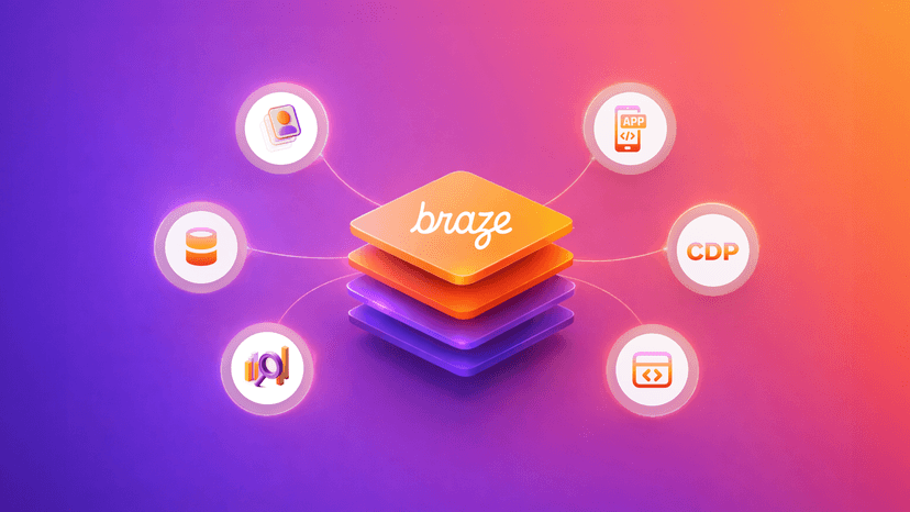 Braze platform diagram showing integrations with user data, databases, analytics, mobile apps, CDP, and APIs.