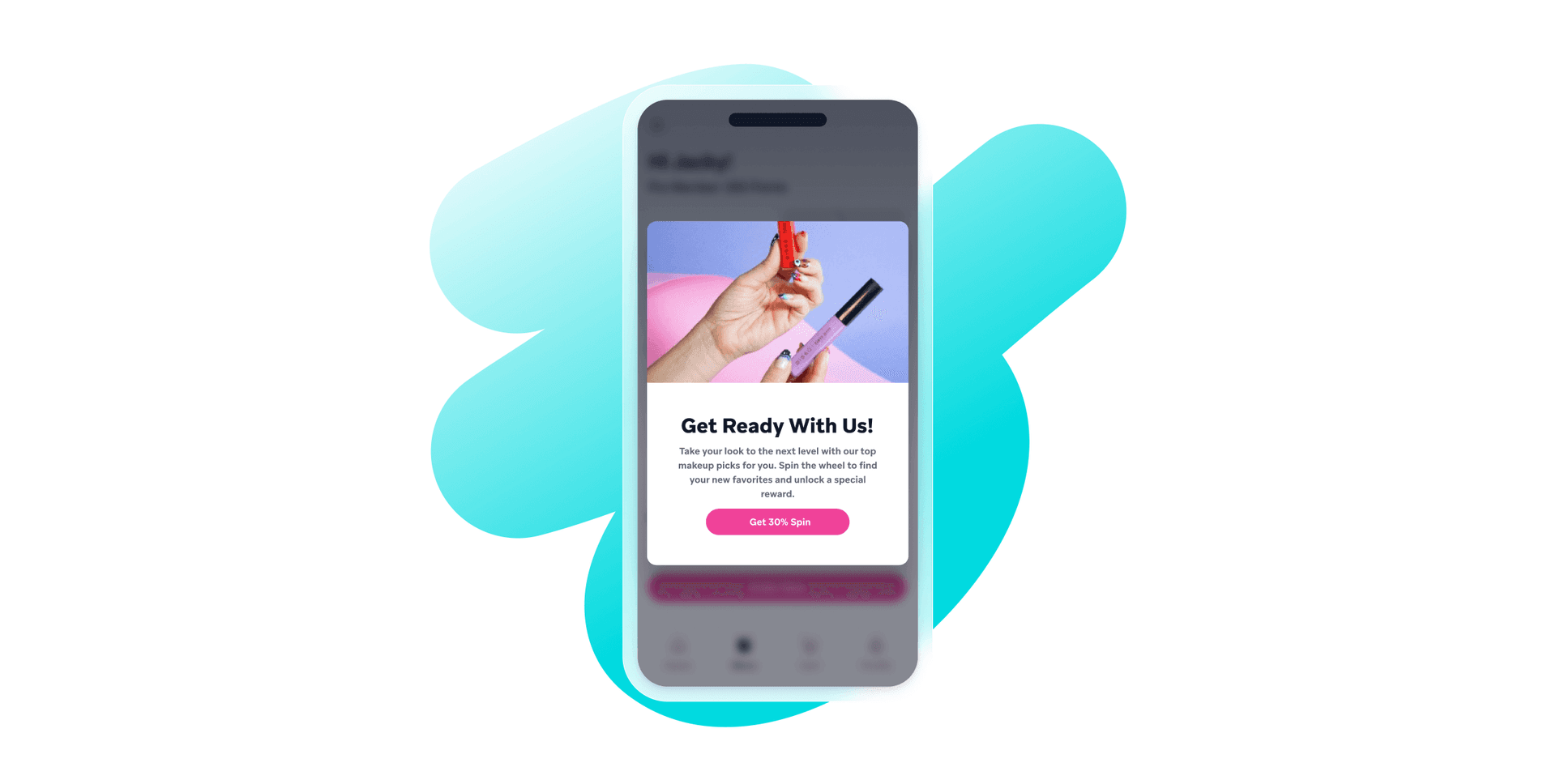 A smartphone displays a pop-up ad for makeup, featuring a hand holding red lipstick and purple mascara, set against abstract blue shapes.