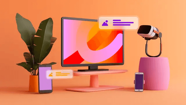 Uma renderização em 3D apresentando um monitor, dois smartphones, um headset de realidade virtual e uma planta, com bolhas de notificação flutuantes.