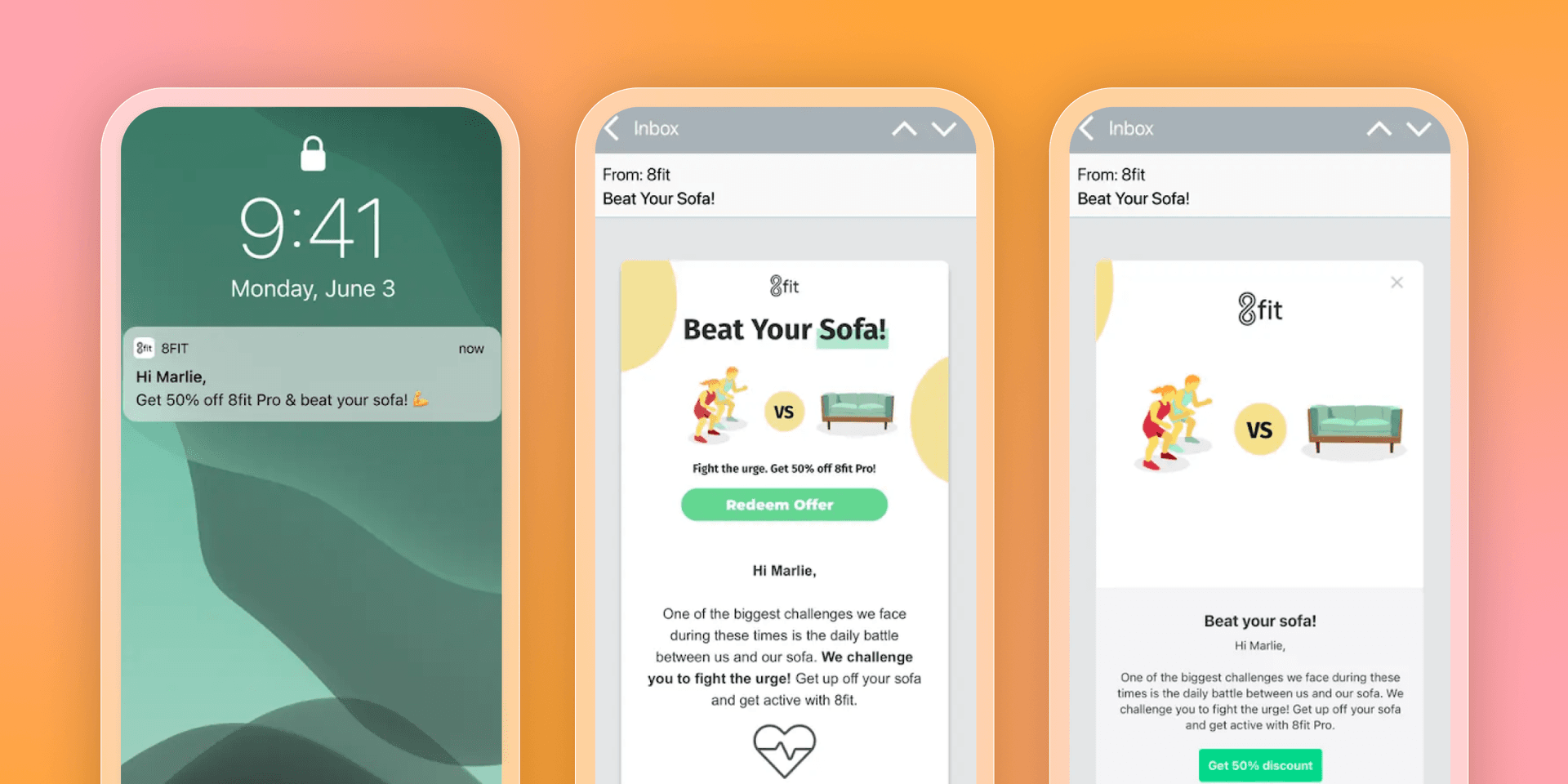 Three phone screens showing an 8fit marketing campaign: a lock screen notification and two emails promoting "Beat Your Sofa!" with a 50% off 8fit Pro discount, featuring an illustration of people exercising versus a sofa.