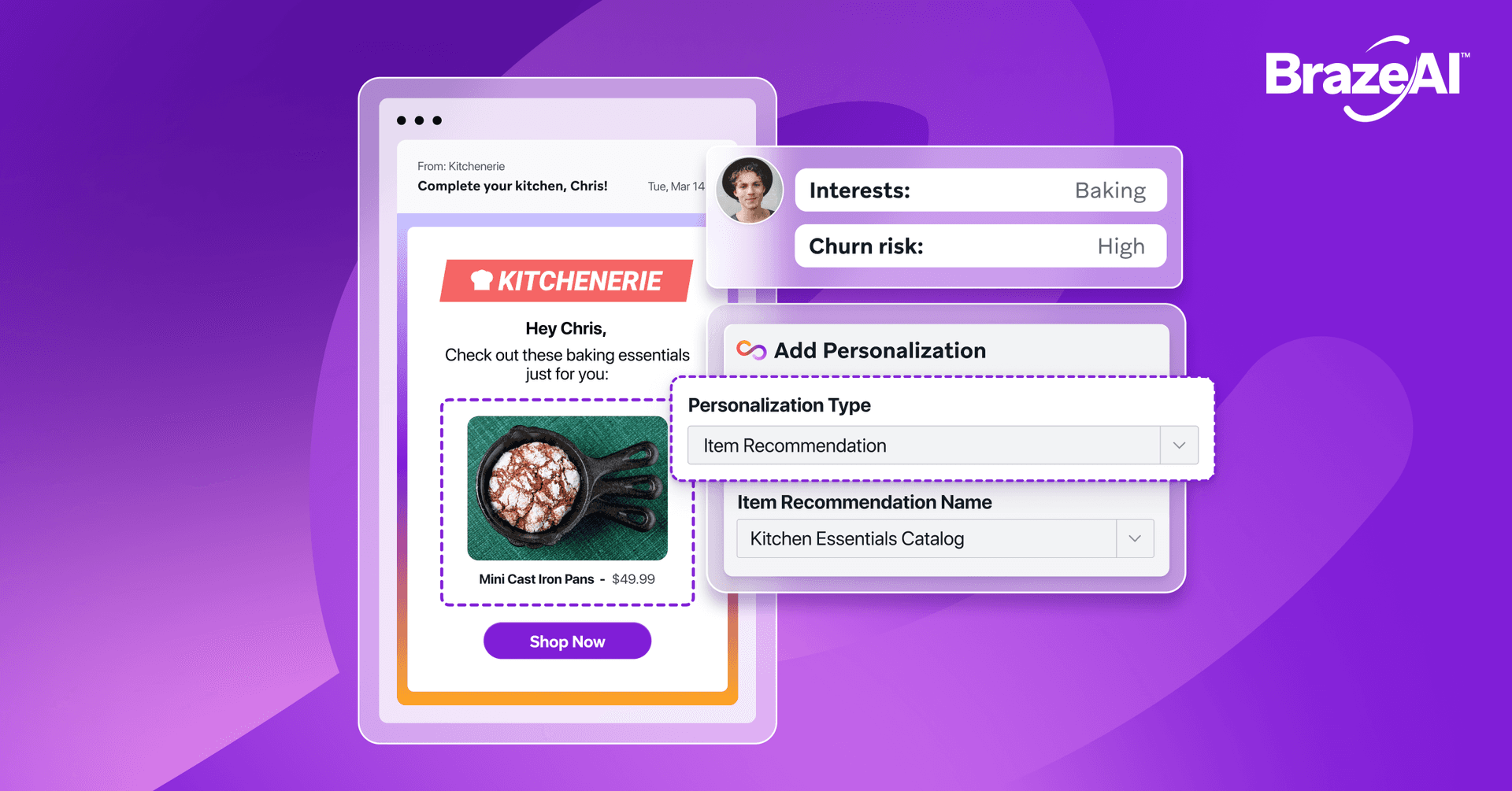 Image montrant comment Braze AI Recommendations adresse des recommandations personnalisées aux utilisateurs.