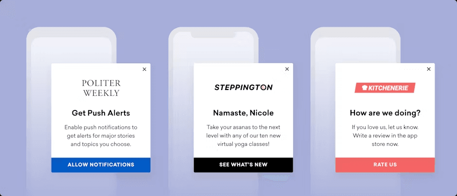 three cell phones are displayed with advertisements for politer weekly steppington namaste nicole and kitchenerie