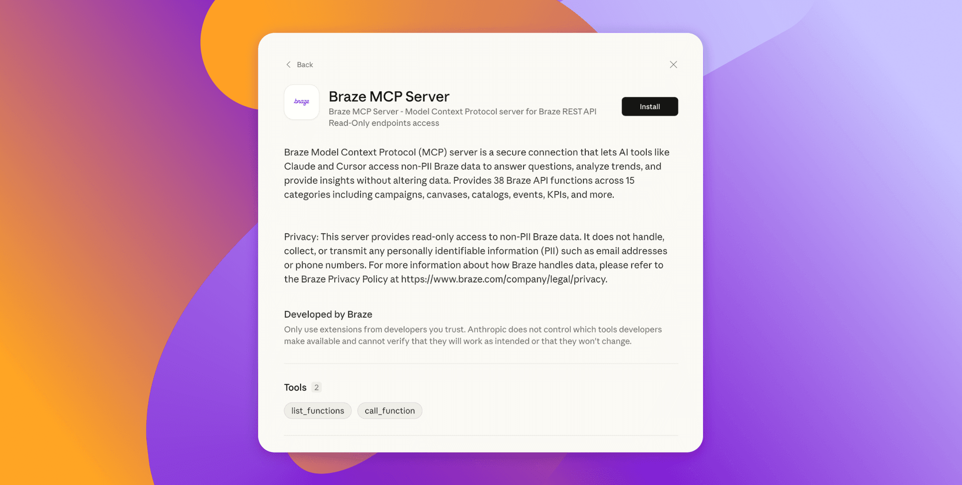 Braze MCP Server installation screen with an 'Install' button, detailing its function for AI tools to access non-PII Braze data.