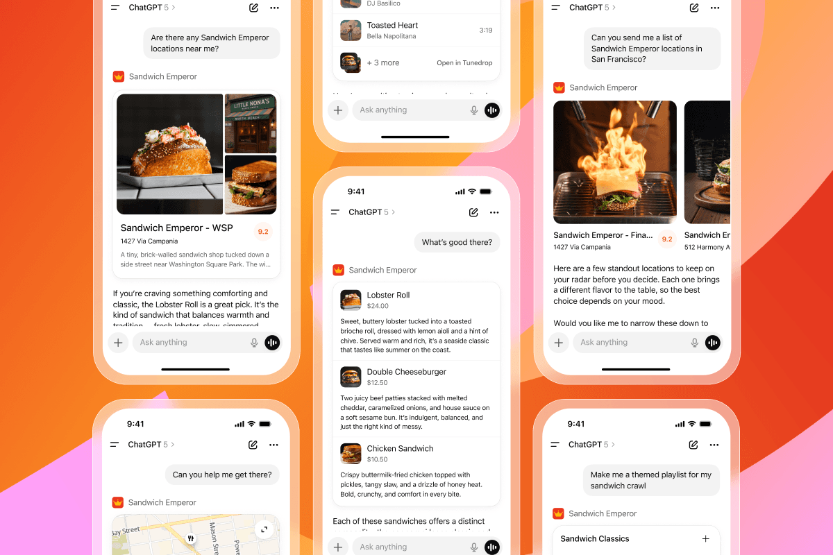 Multiple smartphone screens display ChatGPT conversations about "Sandwich Emperor", showing restaurant information, menus, locations, and food images.