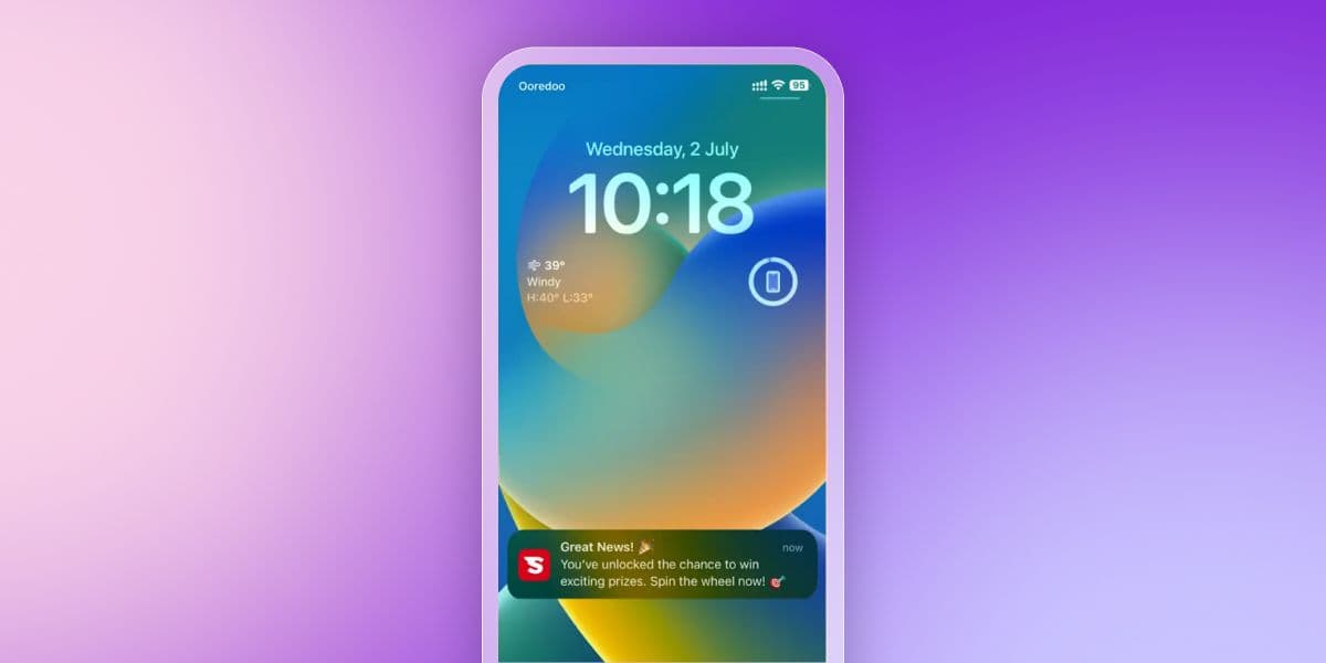 iPhone lock screen displaying the date, time, weather, and a "Great News!" notification for a chance to win prizes.