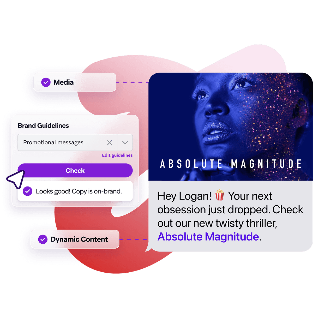A content creation platform interface showing brand guideline checks, media integration, and a personalized message for "Absolute Magnitude".