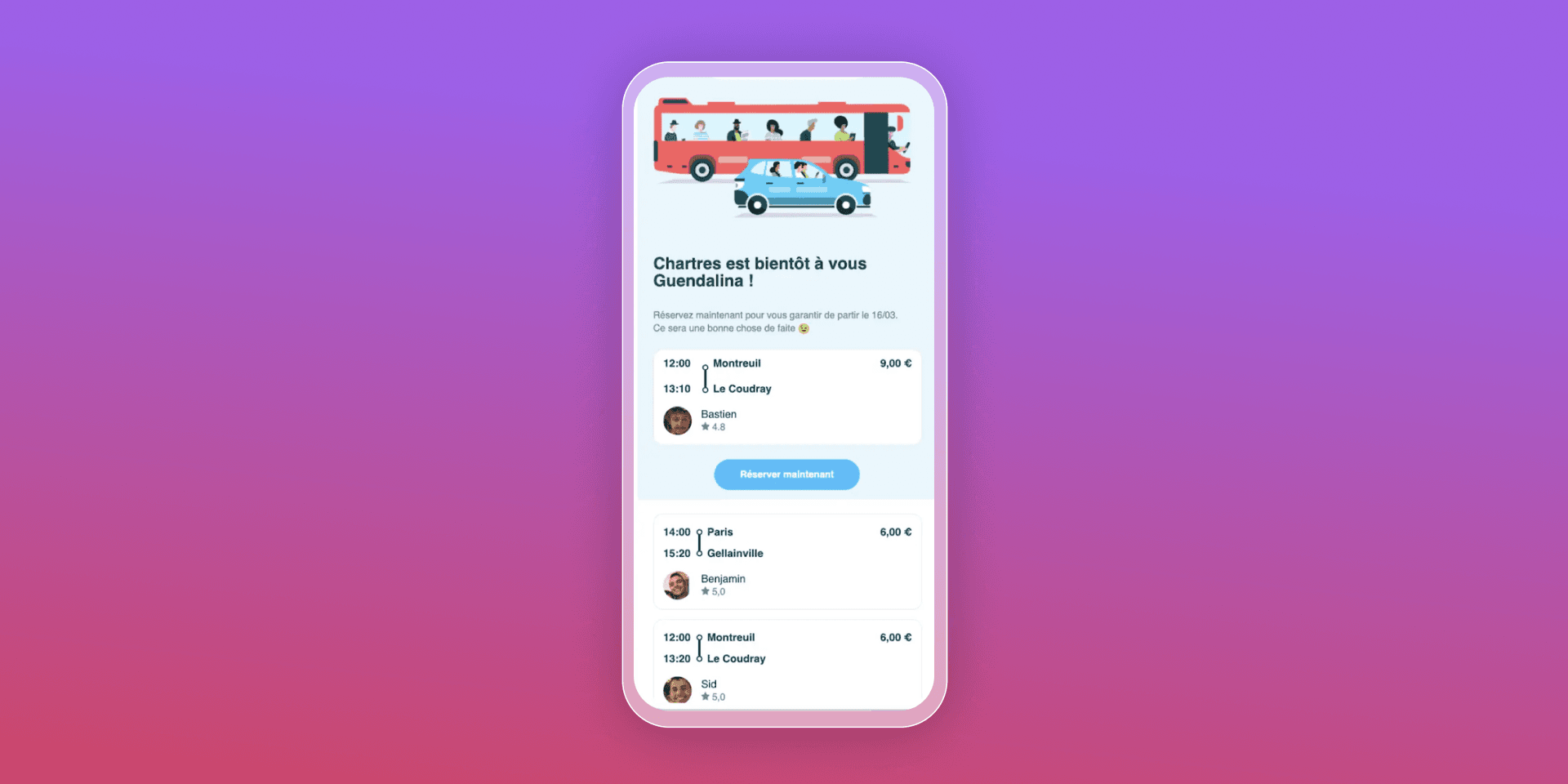 A smartphone displaying a mobile app with bus and car illustrations and a list of transportation options.