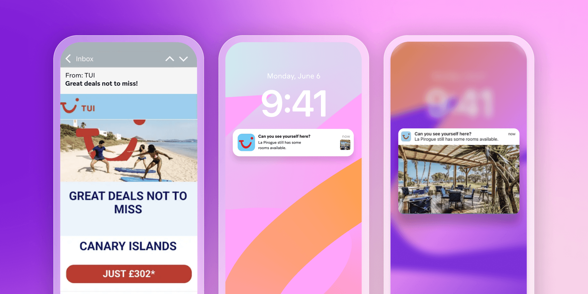 a phone screen shows a message from tui that says great deals not to miss
