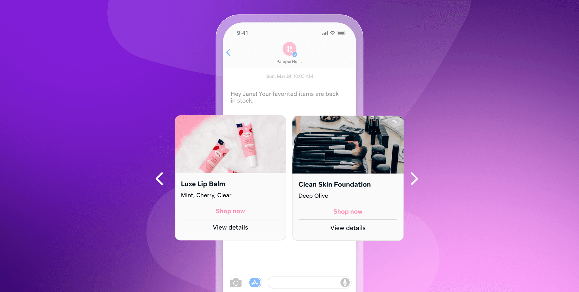 a phone screen displays a message that says hey jane your favorite items are back in stock