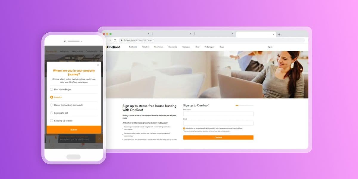 Property website OneRoof shown on a mobile phone with a questionnaire and a laptop with a sign-up form.