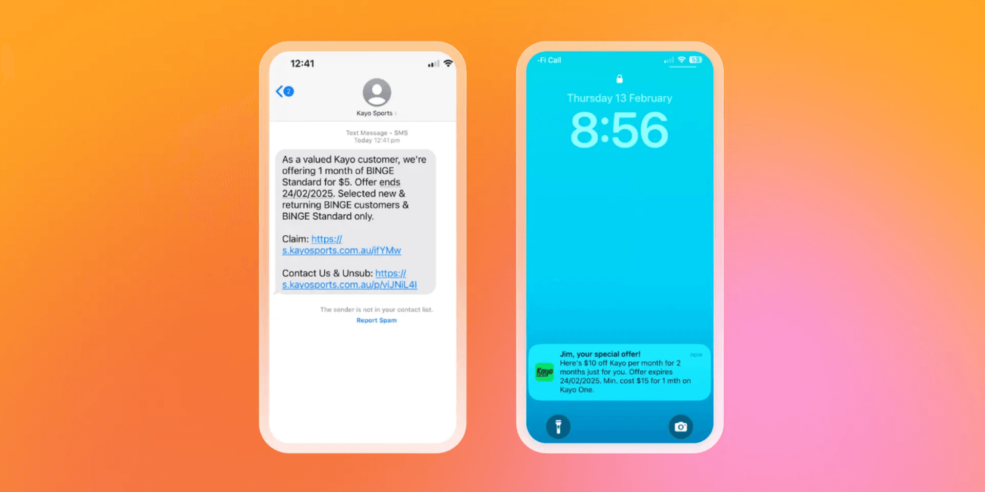 Two smartphones display promotional offers: one shows a Kayo Sports text message for BINGE, the other a Kayo app discount notification on a lock screen.