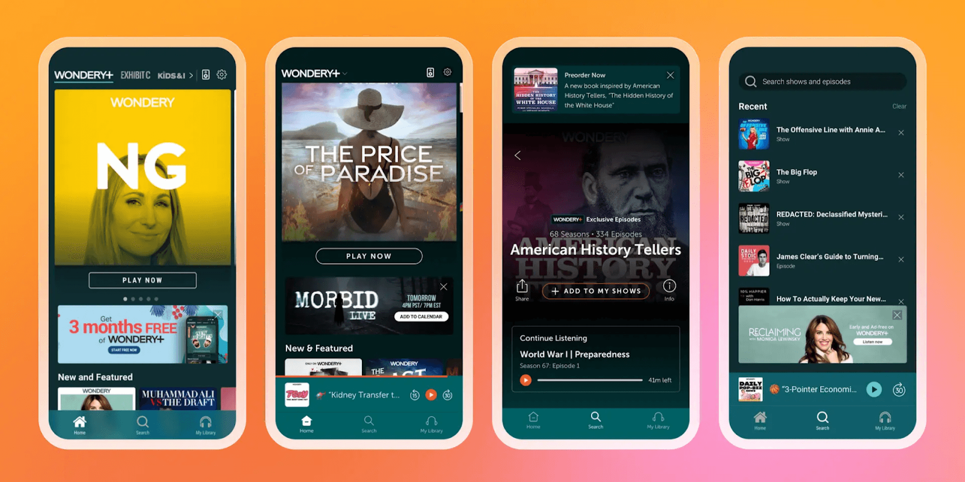 Four mobile phones displaying Wondery+ podcast app interfaces with various shows and features.