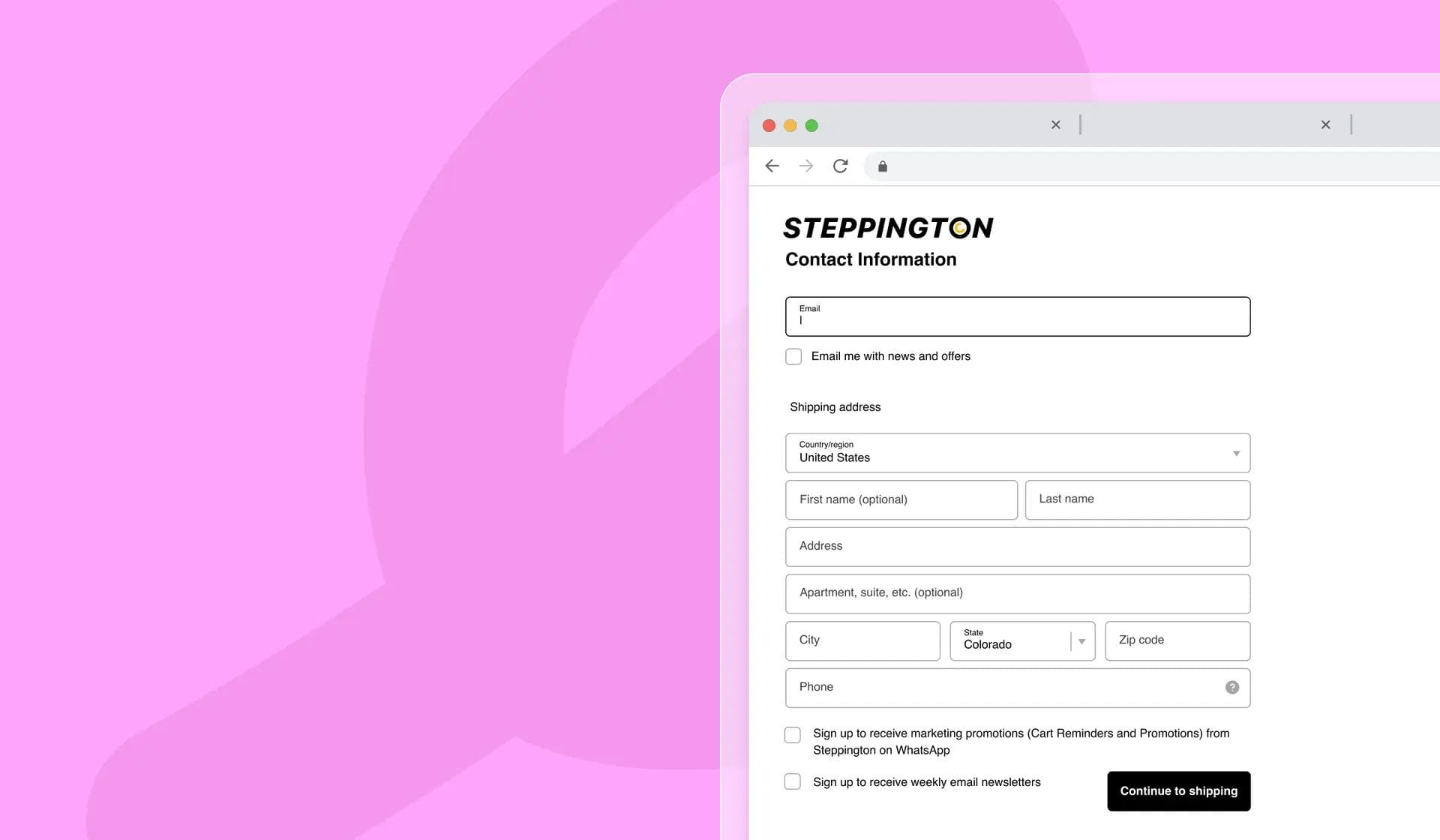 Página de checkout com campos de contato e opção que autoriza recebimento de promoções pelo WhatsApp.
