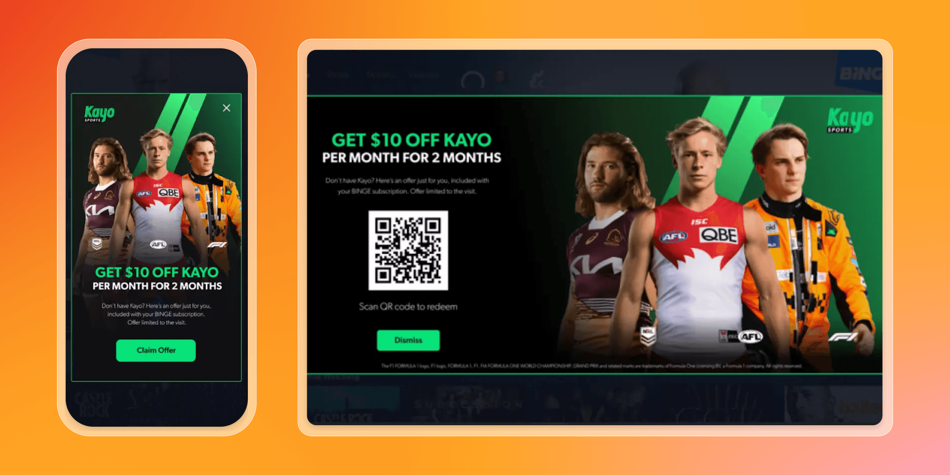 A Kayo Sports ad displayed on a smartphone and tablet, featuring three athletes and an offer of $10 off for 2 months, with a QR code on the tablet.