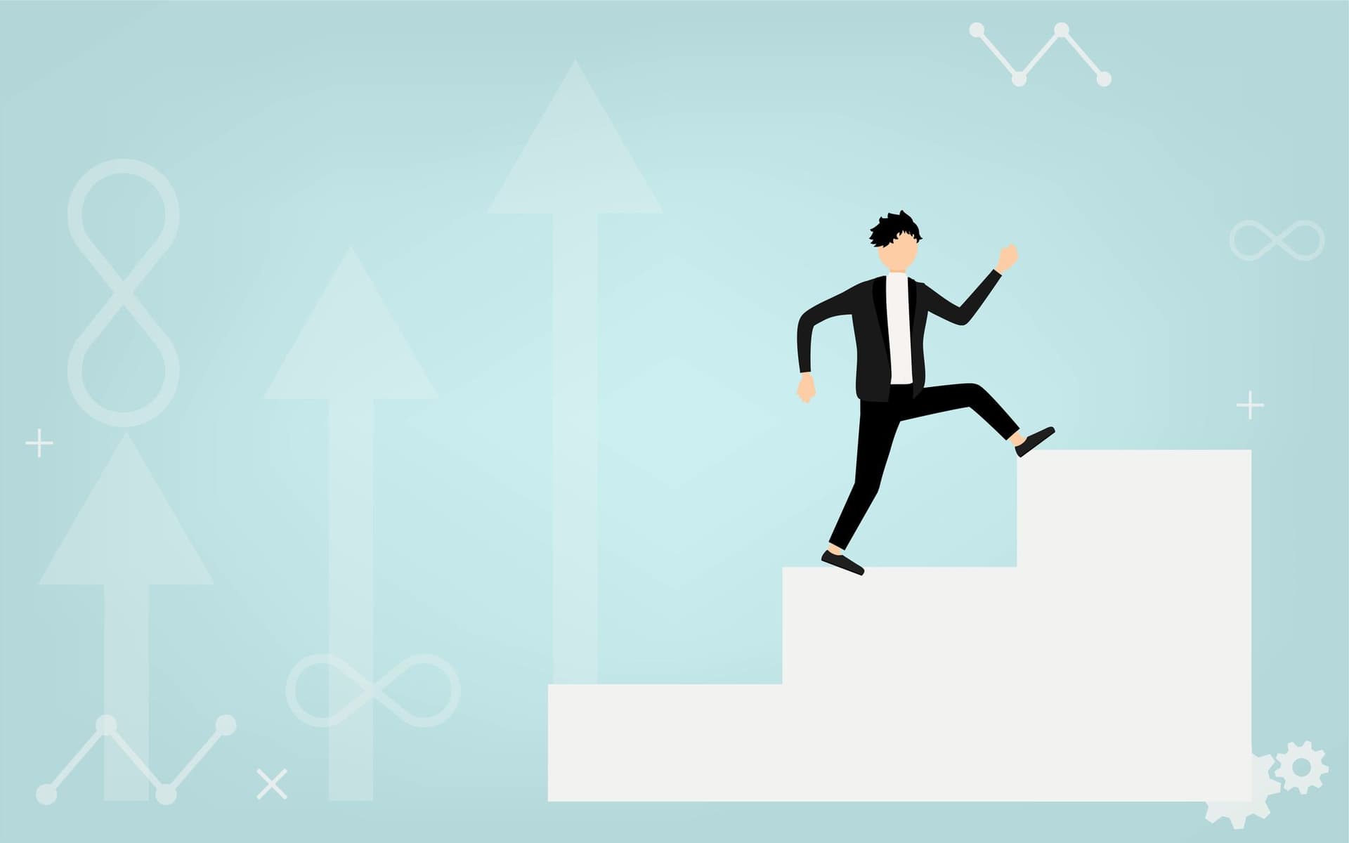 a man in a suit is climbing up a set of stairs .