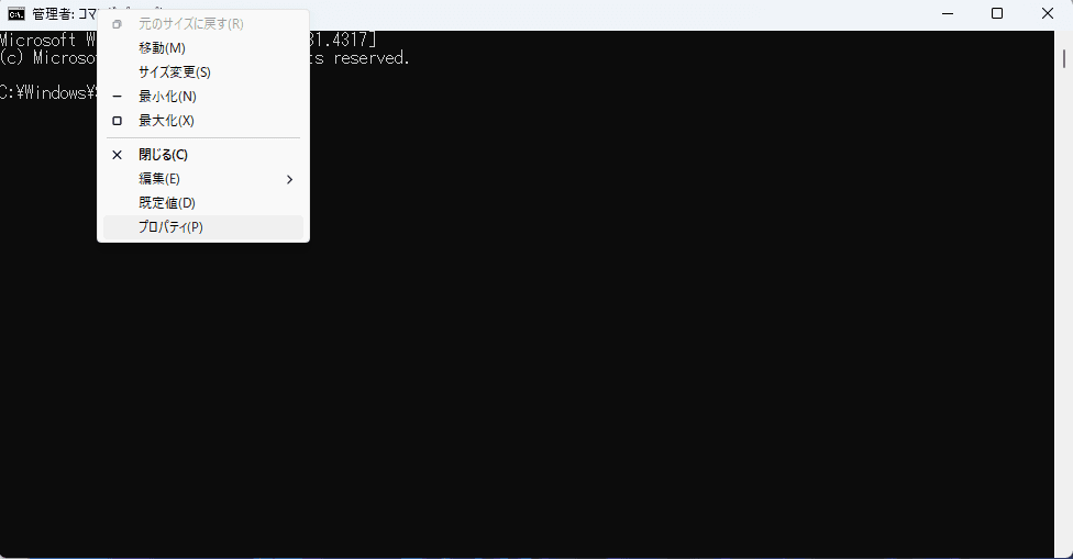 コマンドプロンプトのプロパティ設定でコマンドプロンプトの文字のサイズやフォント、画面の色やレイアウトなどを自分の操作しやすい形に変更している画面