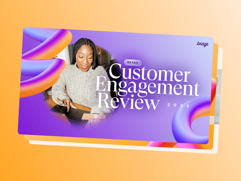 Cover graphic for Braze's "Retail Customer Engagement Review 2026," featuring a woman working on a laptop on a purple background with colorful abstract shapes.