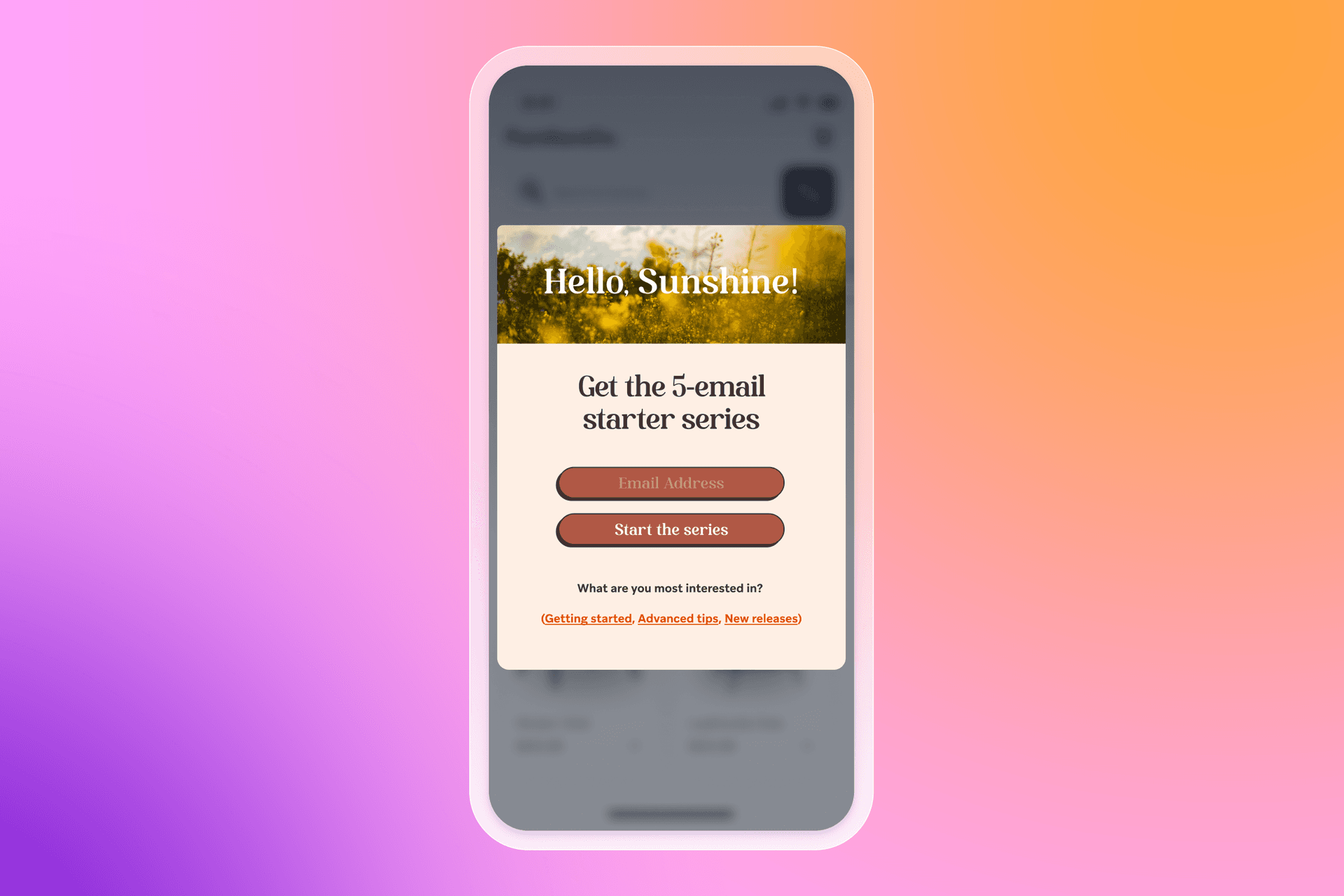 A smartphone displaying an email signup pop-up with "Hello Sunshine!" and "Get the 5-email starter series".